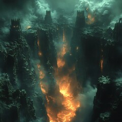 Poster - Aerial view of Abyss showing layered chaos with lava rivers towering mountains and sinister structures bathed in eerie light