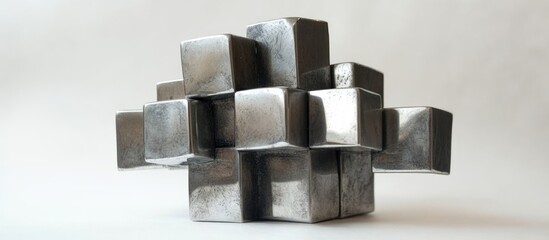 Fototapete - Abstract silver cube sculpture with glossy finish featuring a mosaic design and ample empty space for creative text placement.