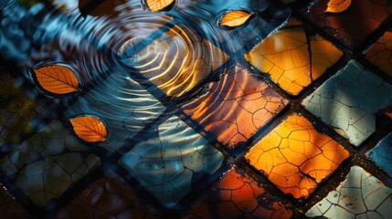 Poster - Tranquil water reflections on colorful tiles with autumn leaves, creating a serene atmosphere