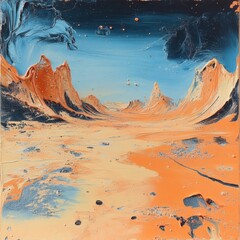 Fototapete - Aliens exploring barren Mars landscape captured in thick impasto strokes with fluid paint Sharp edges and abstract liquid 3D shapes define the surreal terrain in this abstract expressionism painting