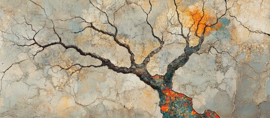 Fototapete - Abstract tree branch pattern on textured stone surface with vibrant color spots creating a unique and striking visual composition.