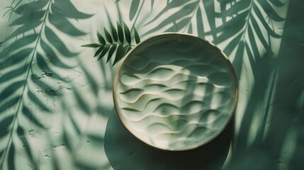 Aufkleber - Elegant ceramic plate with wave patterns surrounded by tropical shadows and greenery