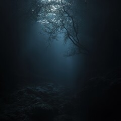 Wall Mural - Tree in darkness with glowing light and zen papaya in deep underwater environment