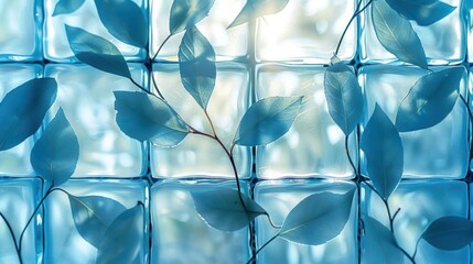 Aufkleber - Delicate green leaves intertwined with glass blocks, creating a serene and tranquil atmosphere