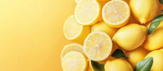 Vibrant lemons and lemon slices on a sunny background with empty space for creative text or branding purposes