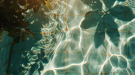 Poster - Sunlight Reflecting on Water Surface with Tile Patterns and Leaf Shadows in a Tranquil Setting