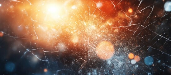 Fototapete - Abstract shattered background with blurred lens flare glowing effects in orange and blue tones, showcasing distressed textures and scratches.