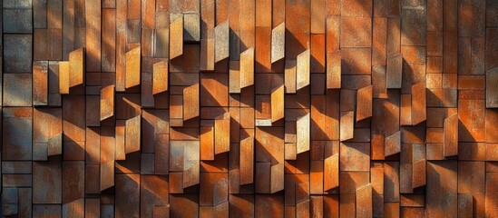 Fototapete - Abstract textured wall featuring geometric patterns and warm earthy tones with a play of light and shadow for artistic backgrounds.