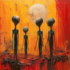 Poster - Aliens Mars in an abstract expressionism style with sharpedged terrain formed from fluid paint and thick impasto 3D liquid shapes define the alien figures against the barren backdrop
