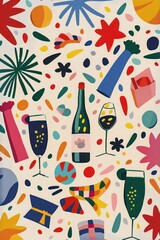 Poster - Colorful abstract illustration featuring various drinks, festive elements, and playful shapes