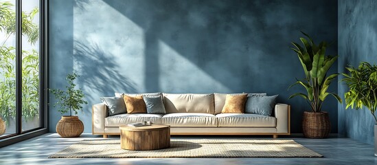 Wall Mural - Serene Living Room Interior Design:  Modern Minimalist Couch, Plants, and Blue Wall