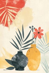 Aufkleber - two stylized vases with colorful plants and flowers against a textured background