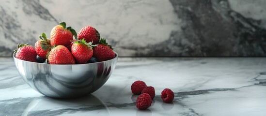 Wall Mural - Fresh strawberries and raspberries in stainless steel bowl on marble countertop with copy space for text healthy dessert or smoothie option