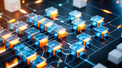 Poster - Interconnected transparent cubes in an abstract technology composition
