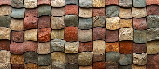 Fototapete - Textured slate wall with colorful interlocking tiles in an attractive pattern suitable for interior design and architecture backgrounds.