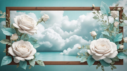 Wall Mural - elegant decorative frame surrounded by clouds and white roses