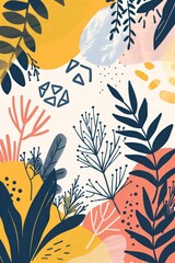 Aufkleber - colorful abstract foliage design featuring various plants and shapes on a light background