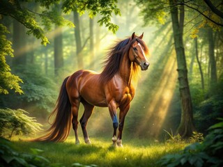 Wall Mural - Majestic stallion, digitally painted, stands majestically in a lush forest, a breathtaking equine portrait.