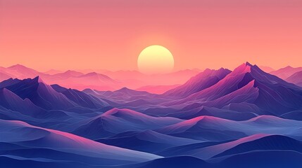 Wall Mural - A stunning digital illustration of a serene mountain landscape at sunset, featuring layered peaks in shades of pink and purple, with a large sun setting on the horizon.