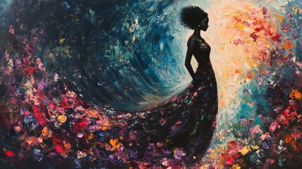 Fototapete - Abstract painting of a black woman in an elegant floral gown stepping into a grand ballroom Fluid paint and thick oils shape the surreal floral patterns that swirl around her