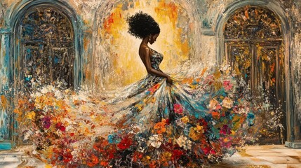 Fototapete - Abstract painting of a black woman in an elegant floral gown stepping into a grand ballroom Fluid paint and thick oils shape the surreal floral patterns that swirl around her