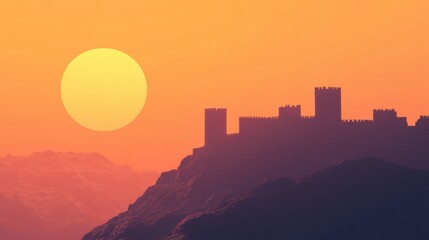 Poster - Majestic ancient castle atop a hill at sunset overlooking vast landscapes and serene skies. Generative AI