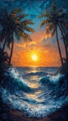 Poster - Abstract painting of Tahitis beach sunset palm trees swaying against fluid 3D waves Thick impasto strokes and fine art detailing create a glowing highly detailed masterpiece