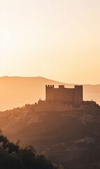 Aufkleber - Majestic ancient castle stands proudly atop a hill under soft golden sunlight at dusk. Generative AI