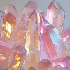 Poster - pink crystals and pastel crystal shards on white surface with translucent glow for decorative purpos