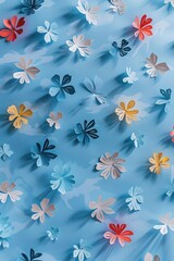 Poster - Colorful paper flowers scattered on a blue background, creating a vibrant, artistic pattern