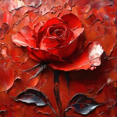Fototapete - Abstract red rose in fluid art with abstract 3D shapes and impasto textures The painting uses thick oil paint and sharp edges to create a highly detailed vibrant piece