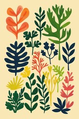 Poster - Colorful botanical illustration featuring diverse leaves and plants on a light background