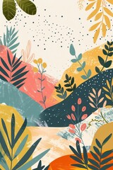 Poster - Abstract illustration of colorful hills and plants in a serene landscape setting