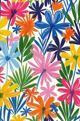 Poster - Vibrant floral pattern featuring a variety of colorful flowers and green leaves on a white background