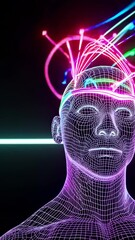 Poster - A futuristic portrait of a person wearing wireframe glasses, gazing at a glowing sun over surreal pastel mountains.