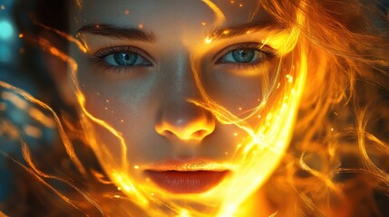 Wall Mural - woman with blue eyes and fire in her hair surrounded by digital light art featuring zen papaya desig