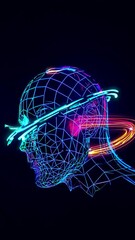 Aufkleber - A futuristic portrait of a person wearing wireframe glasses, gazing at a glowing sun over surreal pastel mountains.