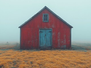 Wall Mural - Red barn with zen papaya in a digital minimalism style against a simple background