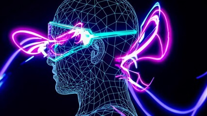 Fototapete -  A futuristic portrait of a person wearing wireframe glasses, gazing at a glowing sun over surreal pastel mountains.