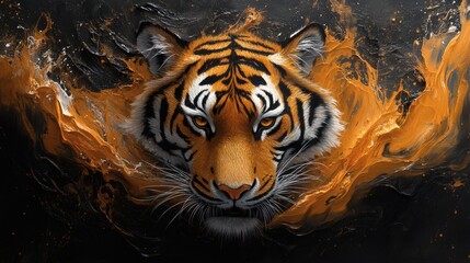Fototapete - Asian tiger depicted abstract 3D liquid forms fluid art and impasto paint capturing its motion The painting is highly detailed with bold strokes and sharp edges creating a dramatic full canvas scene