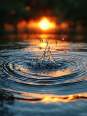 Wall Mural - water drop splashing into calm water surface creating ripples during sunset with digital effects