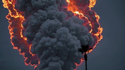 Aufkleber - A lone palm tree silhouetted against an enormous fiery explosion in the sky.