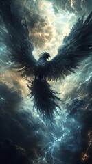 Poster - Avian demon with massive black wings in a stormy sky surrounded by lightning and swirling clouds commanding the elements