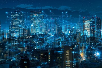 Poster - night city global network connection, data flow, cityscape