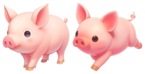 Poster - Cute cartoon pigs with big eyes and pink ears on transparency background