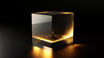 Poster - Illuminated glass cube with golden glow on black background for abstract art concept