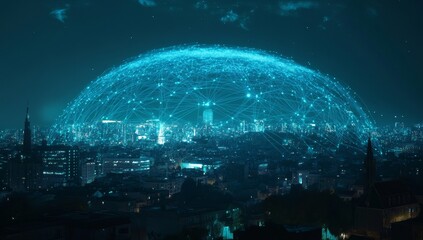 Poster - Global network dome over illuminated cityscape at night; tech concept