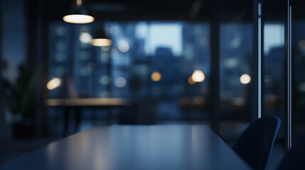 Wall Mural - Abstract blurred office interior room blurry working space with defocused effect  bokeh lights background with soft focus creating a dreamy urban nighttime atmosphere and colorful city ambiance 