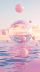 Wall Mural - A bubble floating in the ocean during sunset with dreamy gradients and a serene atmosphere
