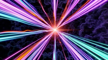 Aufkleber - A radiant energy burst with glowing light trails in pink, blue, and orange converging at a central point